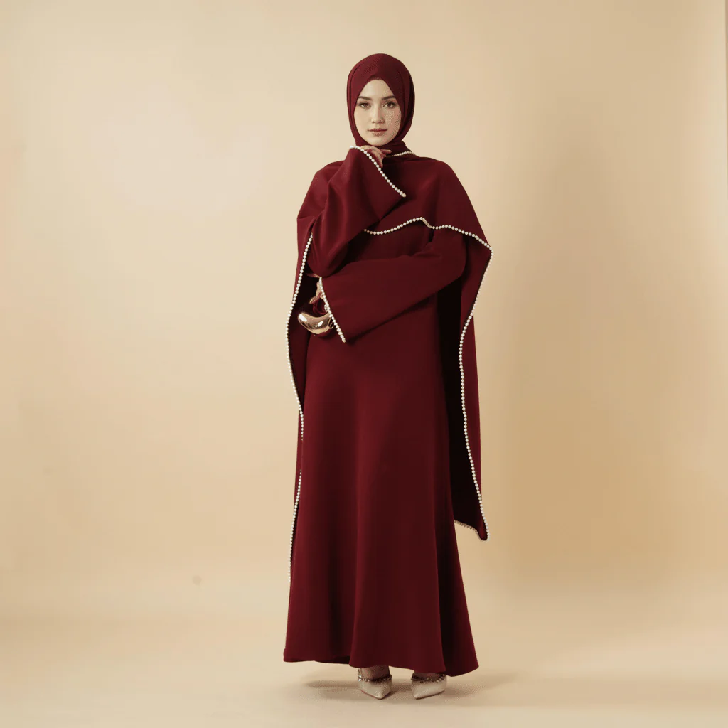 Elegant Pearl Embellished Cape Sleeve Evening Dress(MA337) - Image 5