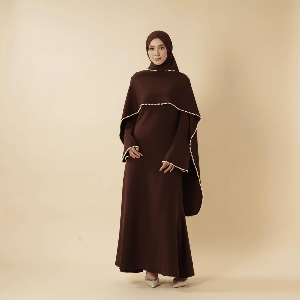 Elegant Pearl Embellished Cape Sleeve Evening Dress(MA337) - Image 6