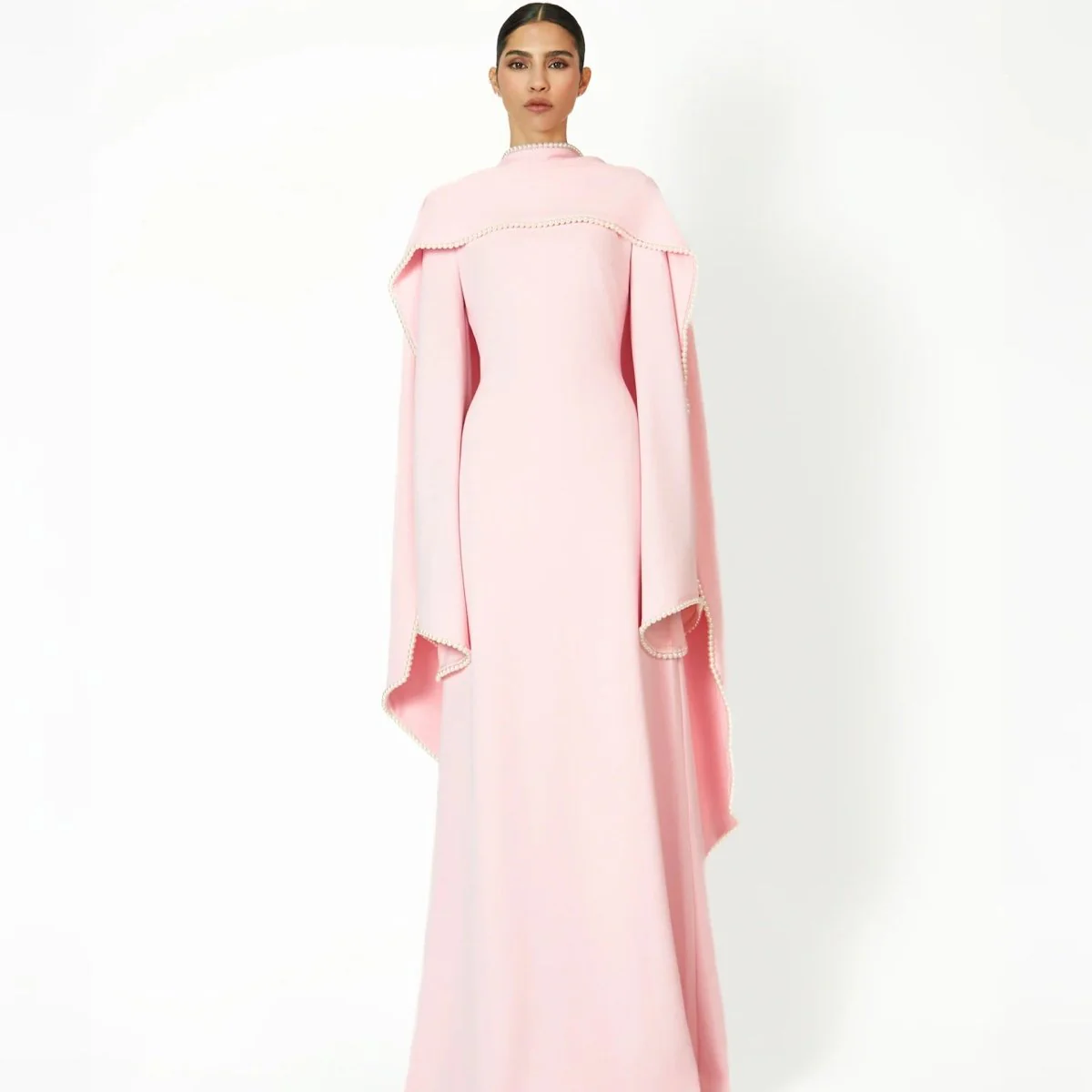 Elegant Pearl Embellished Cape Sleeve Evening Dress(MA337) - Image 7