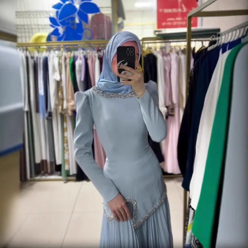 Elegant Pleated Abaya Dress with Diamond Embellished Collar & Waist | Modest Muslim Maxi Dress with Back Strap Detail(MA294) - Image 11