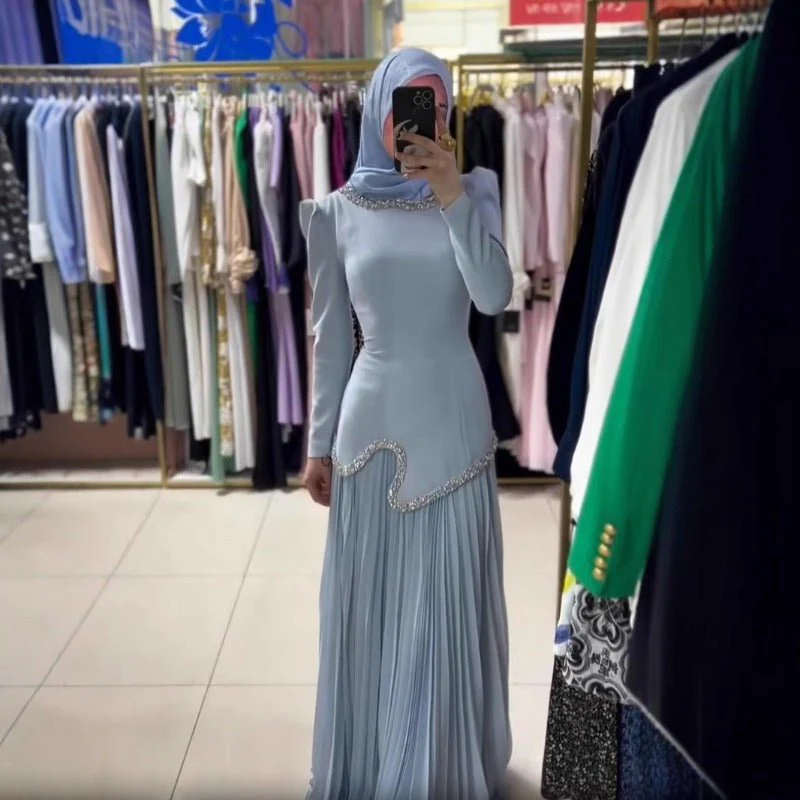 Elegant Pleated Abaya Dress with Diamond Embellished Collar & Waist | Modest Muslim Maxi Dress with Back Strap Detail(MA294) - Image 12
