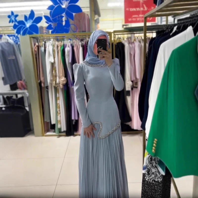 Elegant Pleated Abaya Dress with Diamond Embellished Collar & Waist | Modest Muslim Maxi Dress with Back Strap Detail(MA294) - Image 13