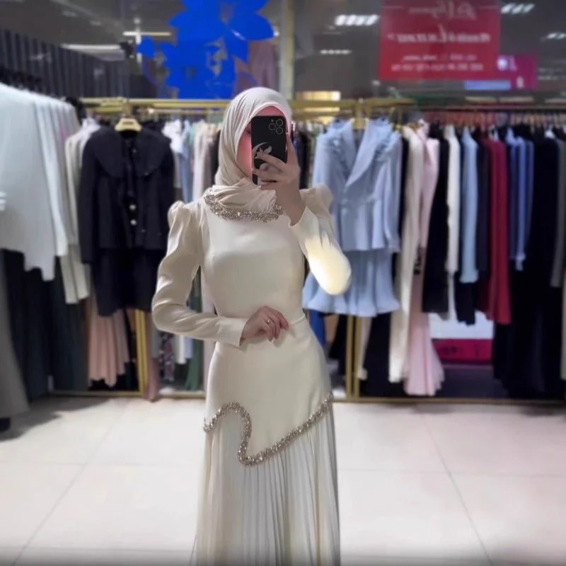 Elegant Pleated Abaya Dress with Diamond Embellished Collar & Waist | Modest Muslim Maxi Dress with Back Strap Detail(MA294) - Image 2