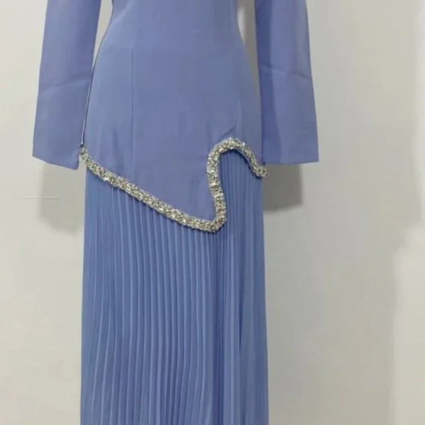 Elegant Pleated Abaya Dress with Diamond Embellished Collar & Waist | Modest Muslim Maxi Dress with Back Strap Detail(MA294) - Image 20