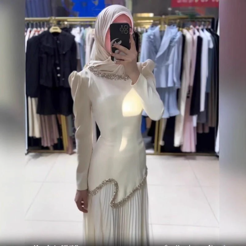 Elegant Pleated Abaya Dress with Diamond Embellished Collar & Waist | Modest Muslim Maxi Dress with Back Strap Detail(MA294) - Image 3