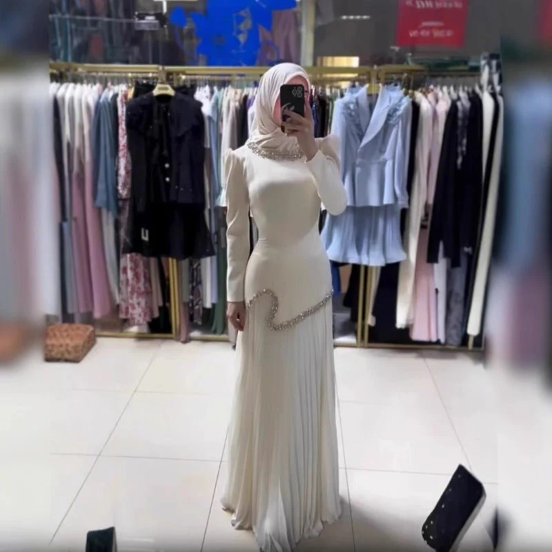 Elegant Pleated Abaya Dress with Diamond Embellished Collar & Waist | Modest Muslim Maxi Dress with Back Strap Detail(MA294) - Image 4