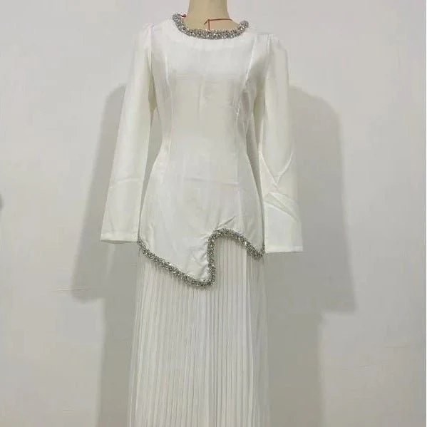 Elegant Pleated Abaya Dress with Diamond Embellished Collar & Waist | Modest Muslim Maxi Dress with Back Strap Detail(MA294) - Image 5