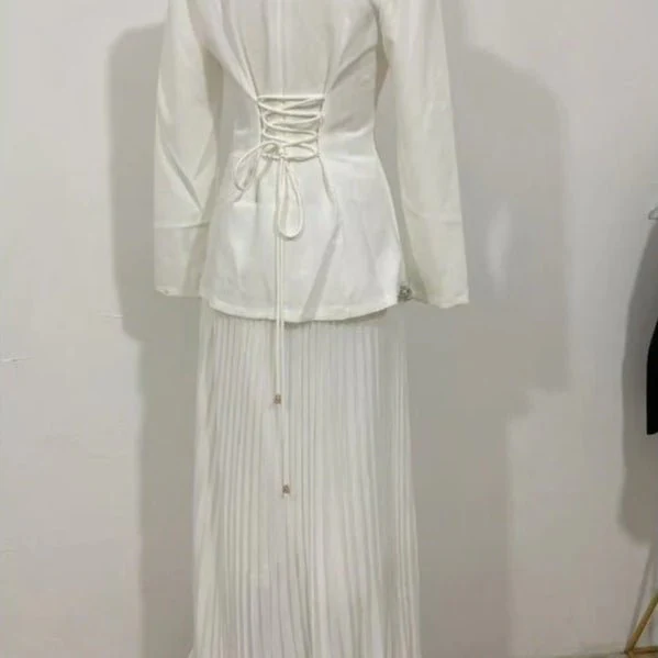 Elegant Pleated Abaya Dress with Diamond Embellished Collar & Waist | Modest Muslim Maxi Dress with Back Strap Detail(MA294) - Image 7