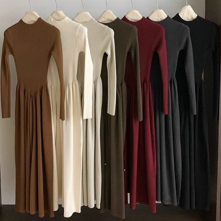 Elegant Ribbed Knit Maxi Dress | Mock Neck A-Line Sweater Dress (MS173) - Image 3