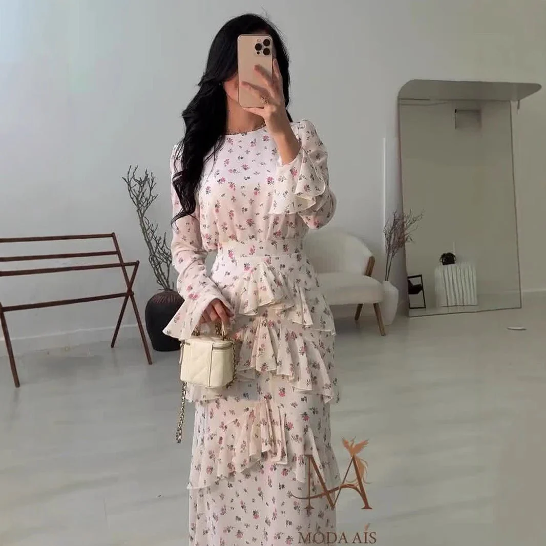 Elegant Romantic Floral Chiffon Fishtail  Ruffled Long Sleeve Dress Maxi Dress Abaya(MA212) - Image 3