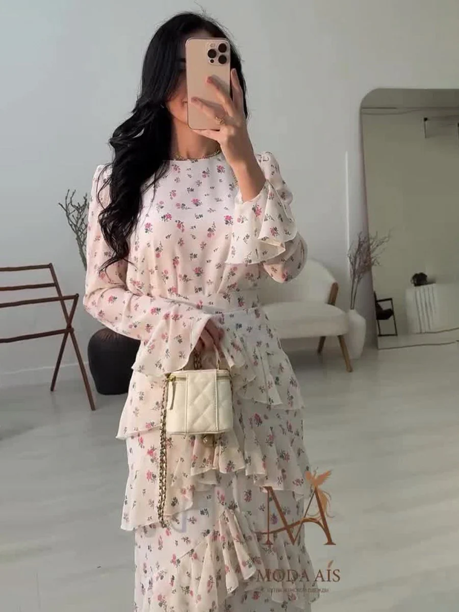 Elegant Romantic Floral Chiffon Fishtail  Ruffled Long Sleeve Dress Maxi Dress Abaya(MA212) - Image 5