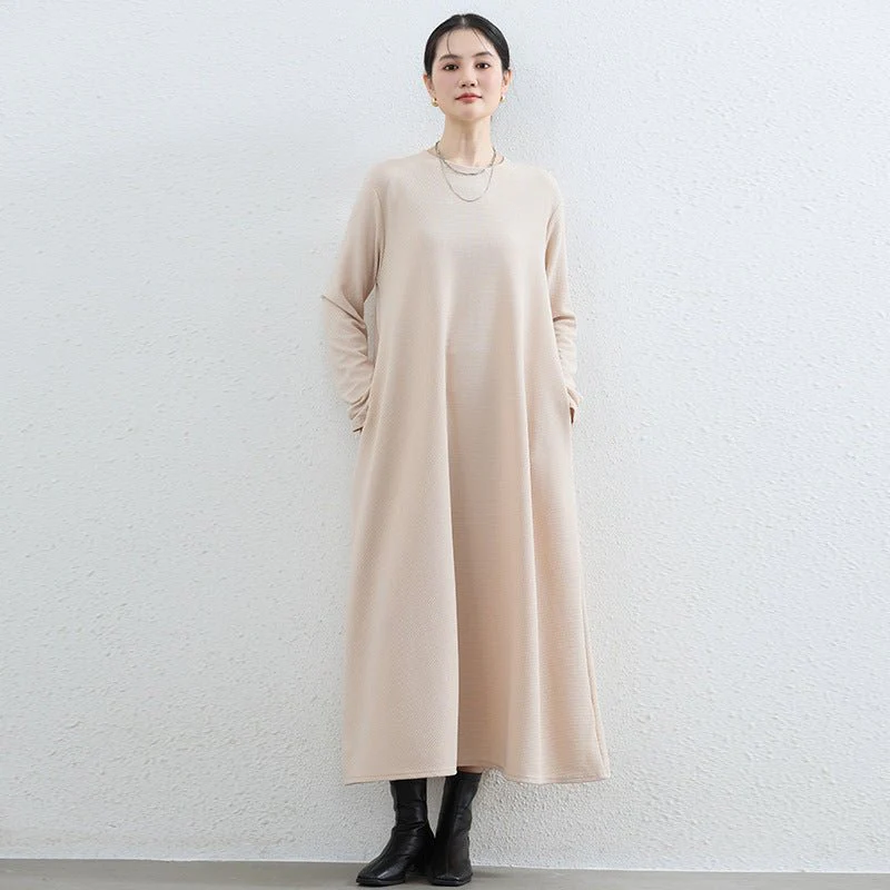 Elegant Round Neck A-Line Maxi Dress - Solid Color Modest Abaya with Pockets (MA310) - Image 16