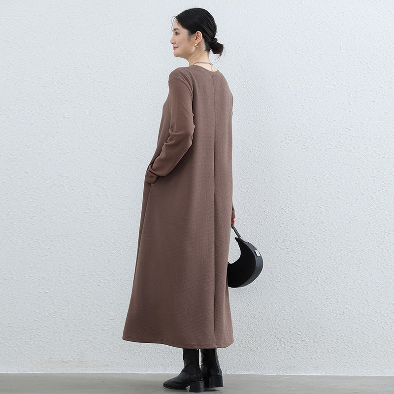 Elegant Round Neck A-Line Maxi Dress - Solid Color Modest Abaya with Pockets (MA310) - Image 2