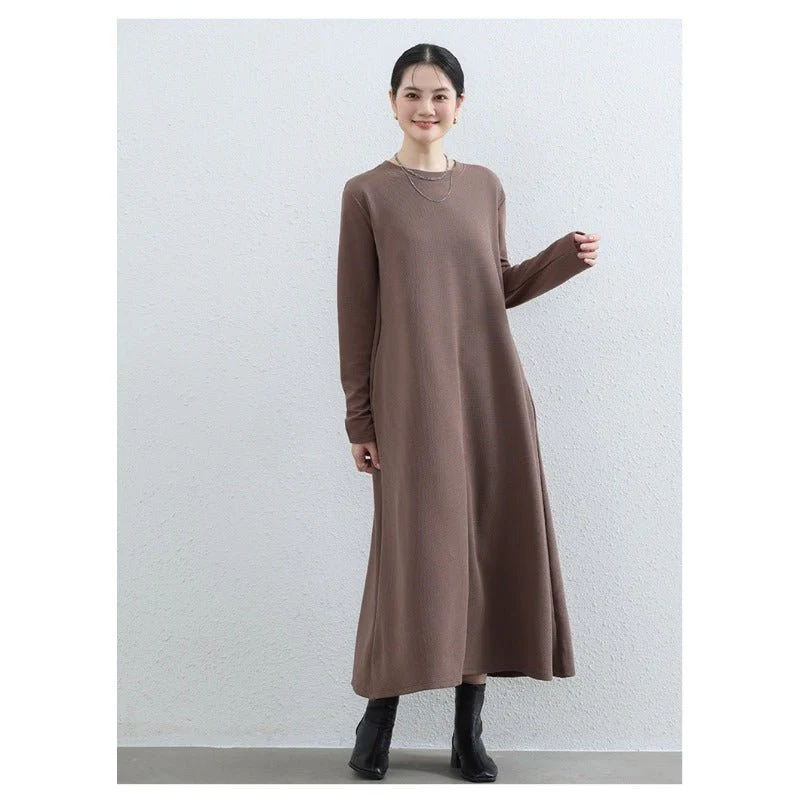 Elegant Round Neck A-Line Maxi Dress - Solid Color Modest Abaya with Pockets (MA310) - Image 5