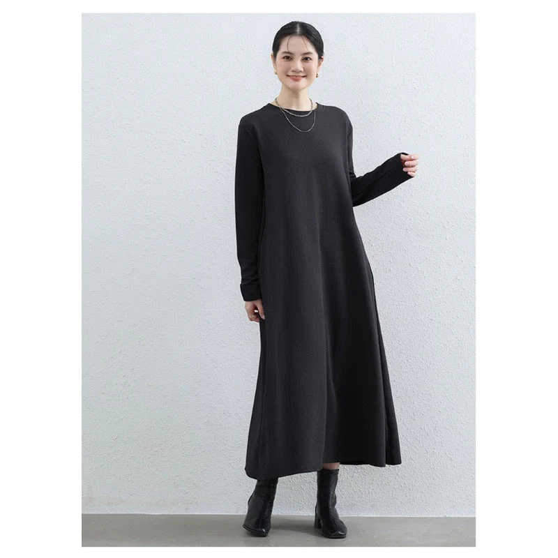 Elegant Round Neck A-Line Maxi Dress - Solid Color Modest Abaya with Pockets (MA310) - Image 9