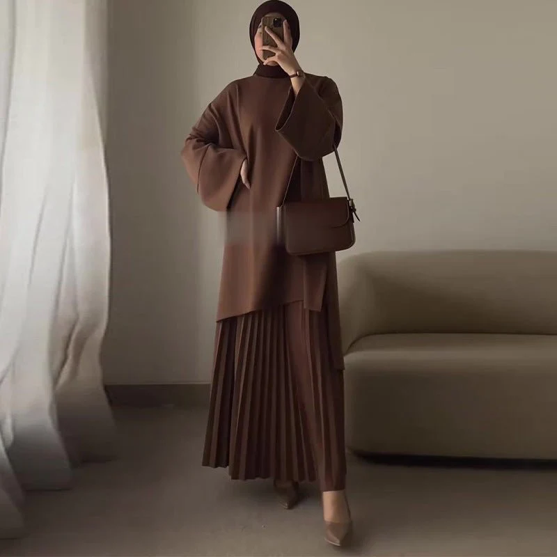 Elegant Round Neck Wide Sleeve Top & Pleated Skirt Set | Mid-Length Two-Piece Modest Outfit(MS126)