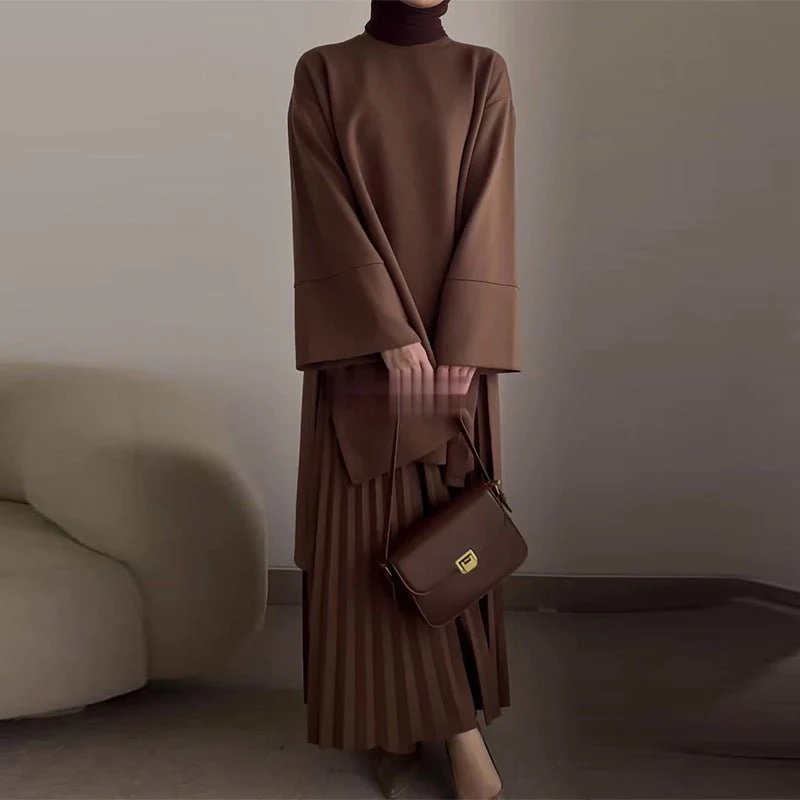 Elegant Round Neck Wide Sleeve Top & Pleated Skirt Set | Mid-Length Two-Piece Modest Outfit(MS126) - Image 2
