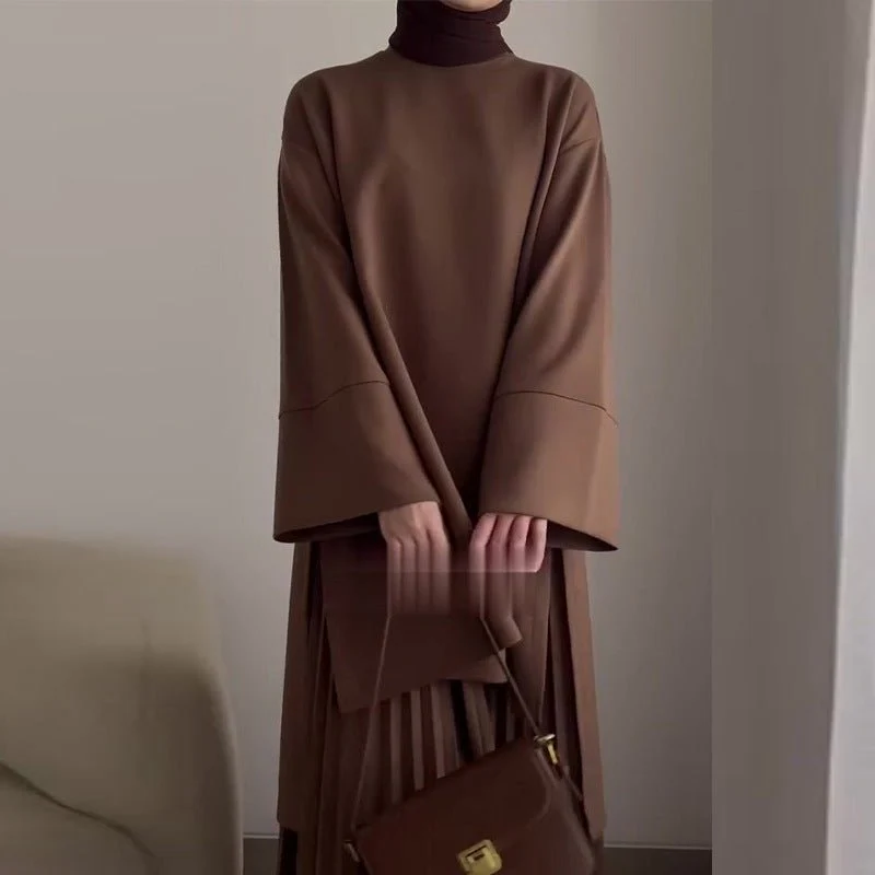 Elegant Round Neck Wide Sleeve Top & Pleated Skirt Set | Mid-Length Two-Piece Modest Outfit(MS126) - Image 3