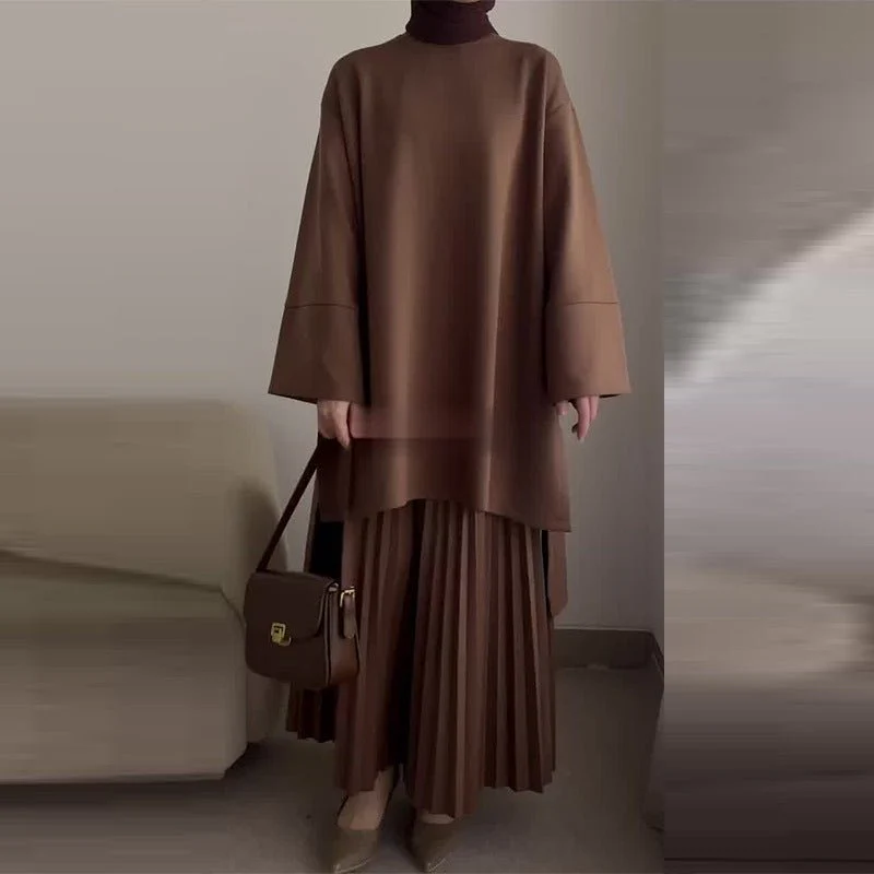 Elegant Round Neck Wide Sleeve Top & Pleated Skirt Set | Mid-Length Two-Piece Modest Outfit(MS126) - Image 4