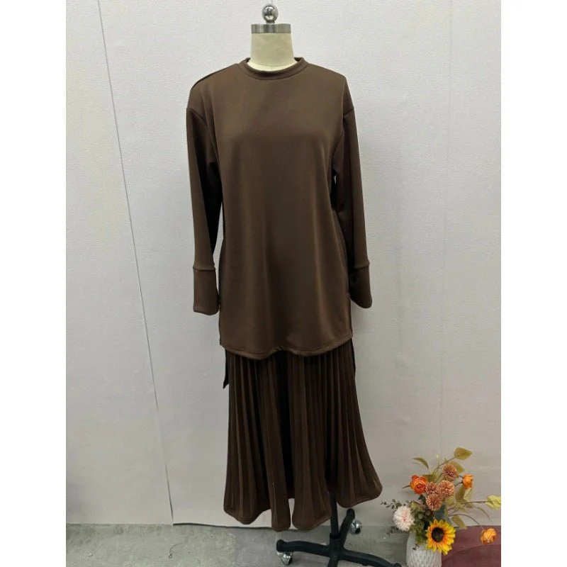 Elegant Round Neck Wide Sleeve Top & Pleated Skirt Set | Mid-Length Two-Piece Modest Outfit(MS126) - Image 5