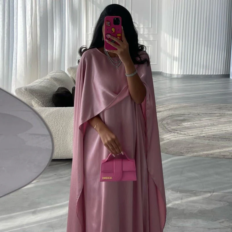 Elegant Royal Satin Abaya Dress | Modest Cape Sleeve Maxi Robe with Luxurious Draping(MA289) - Image 10