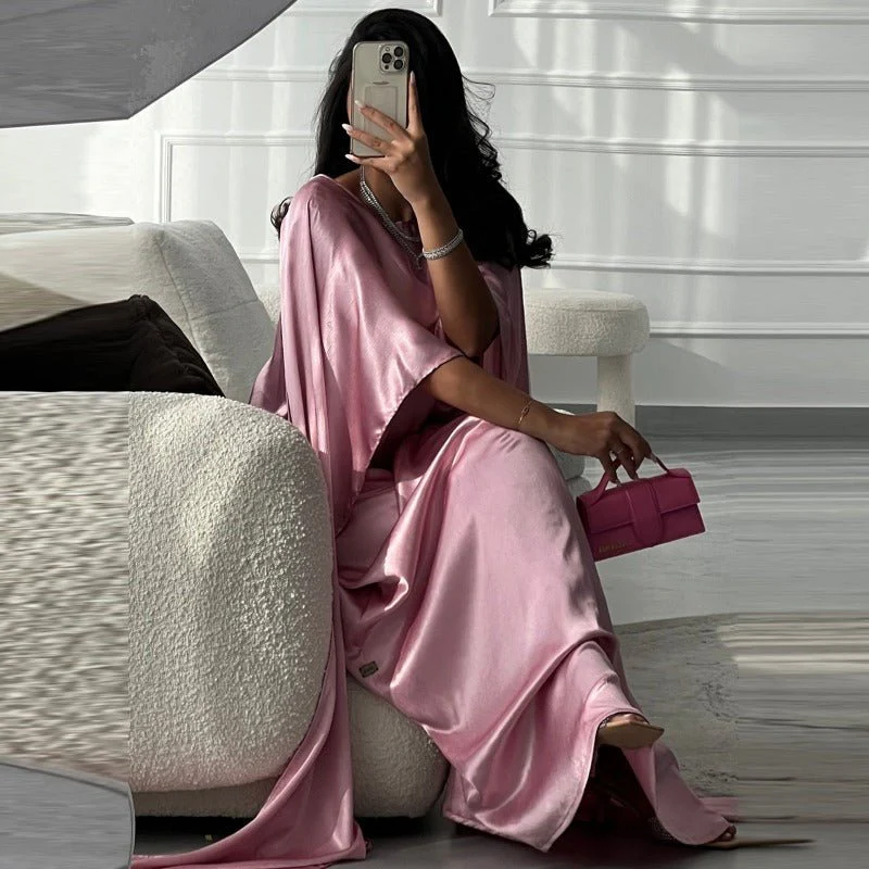 Elegant Royal Satin Abaya Dress | Modest Cape Sleeve Maxi Robe with Luxurious Draping(MA289) - Image 11