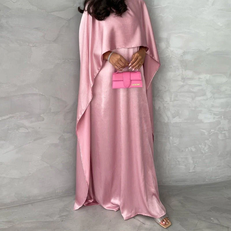 Elegant Royal Satin Abaya Dress | Modest Cape Sleeve Maxi Robe with Luxurious Draping(MA289) - Image 12