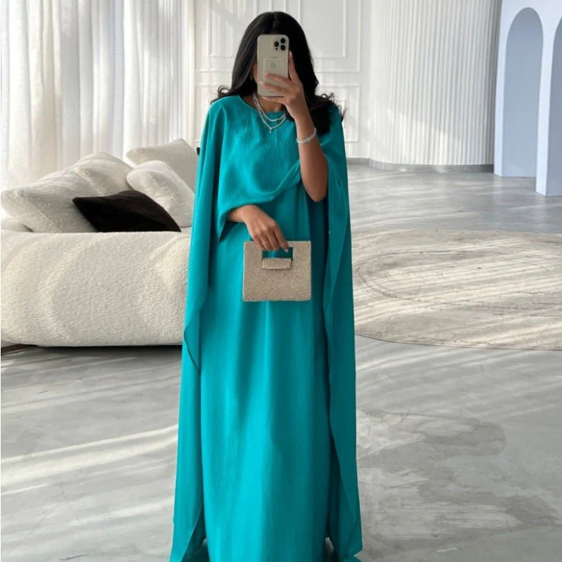 Elegant Royal Satin Abaya Dress | Modest Cape Sleeve Maxi Robe with Luxurious Draping(MA289) - Image 15