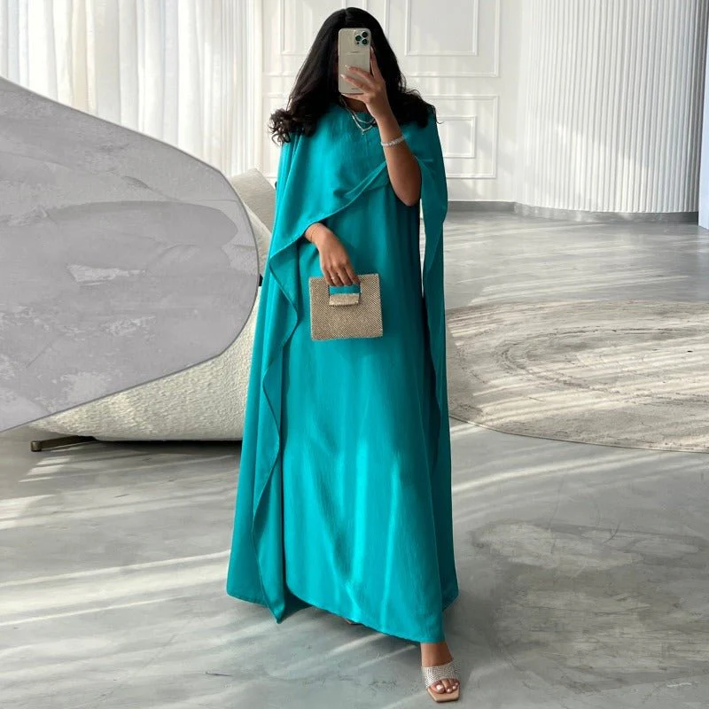 Elegant Royal Satin Abaya Dress | Modest Cape Sleeve Maxi Robe with Luxurious Draping(MA289) - Image 16