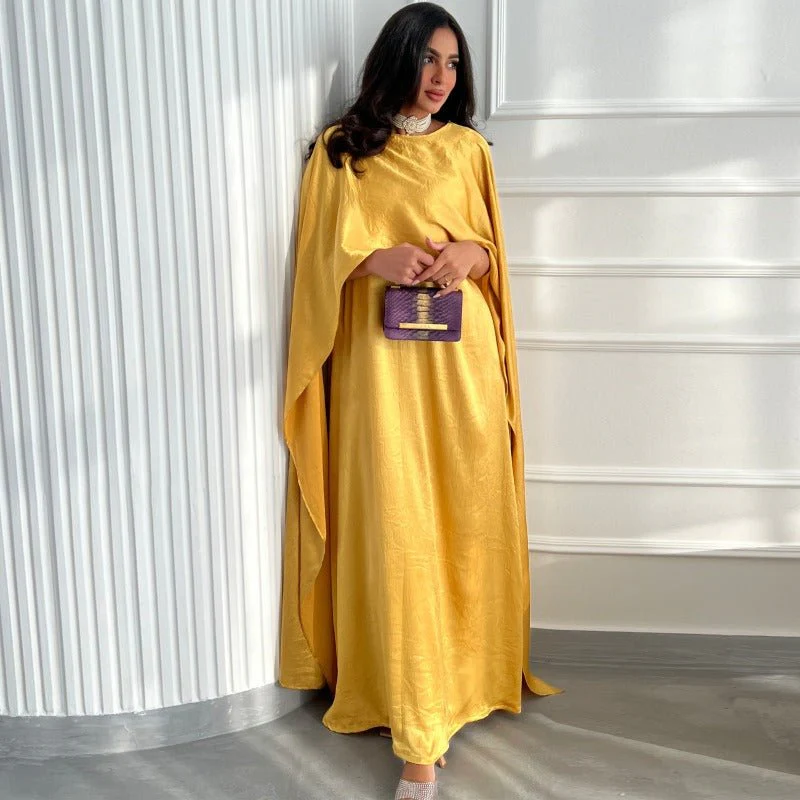 Elegant Royal Satin Abaya Dress | Modest Cape Sleeve Maxi Robe with Luxurious Draping(MA289) - Image 2