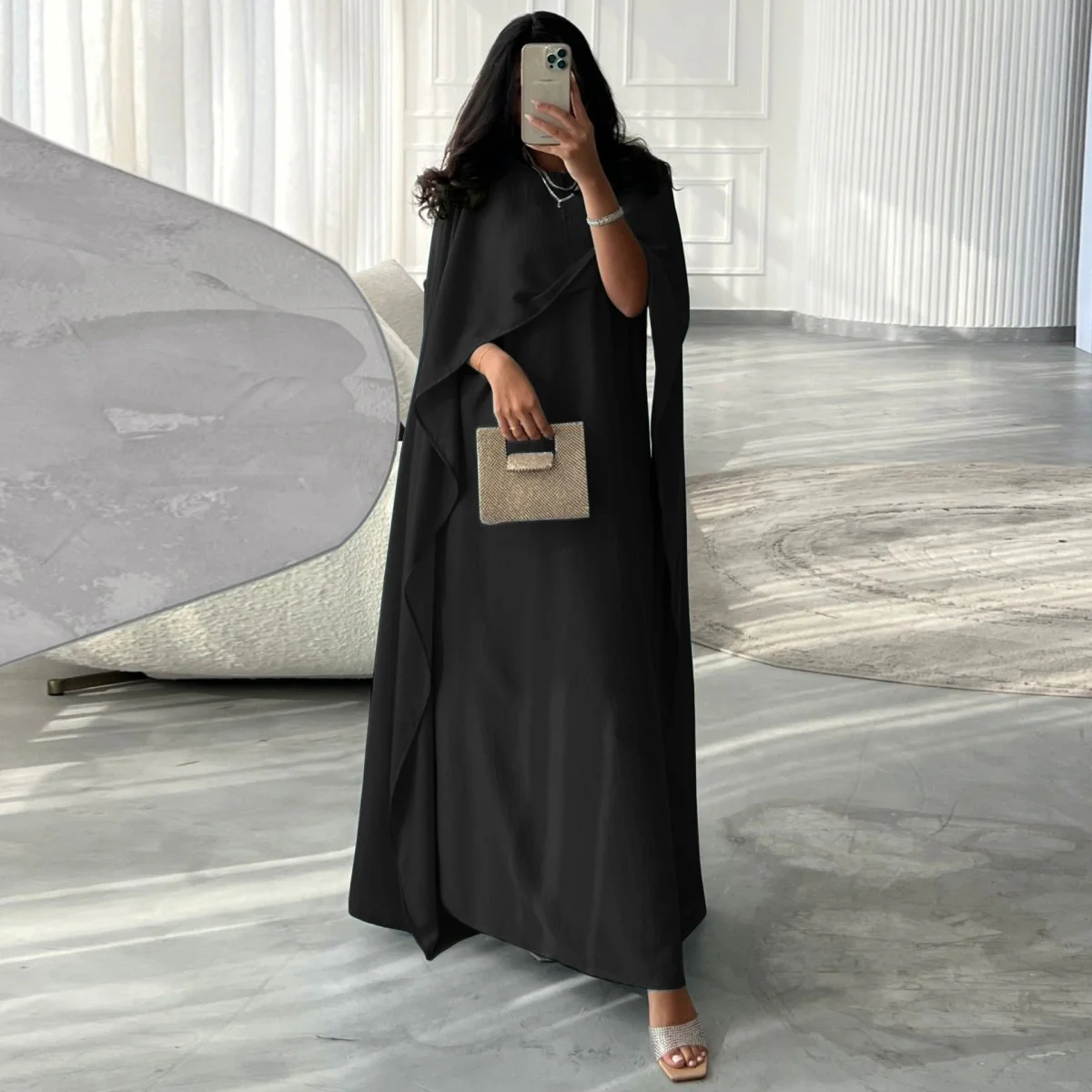 Elegant Royal Satin Abaya Dress | Modest Cape Sleeve Maxi Robe with Luxurious Draping(MA289) - Image 22