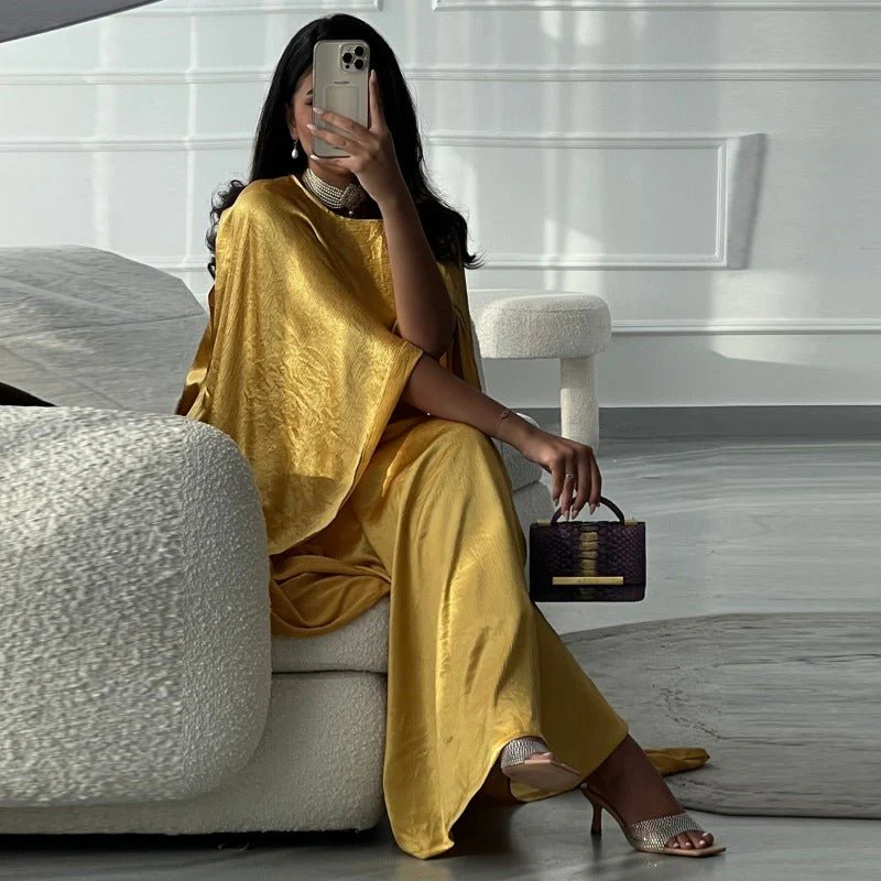 Elegant Royal Satin Abaya Dress | Modest Cape Sleeve Maxi Robe with Luxurious Draping(MA289) - Image 3