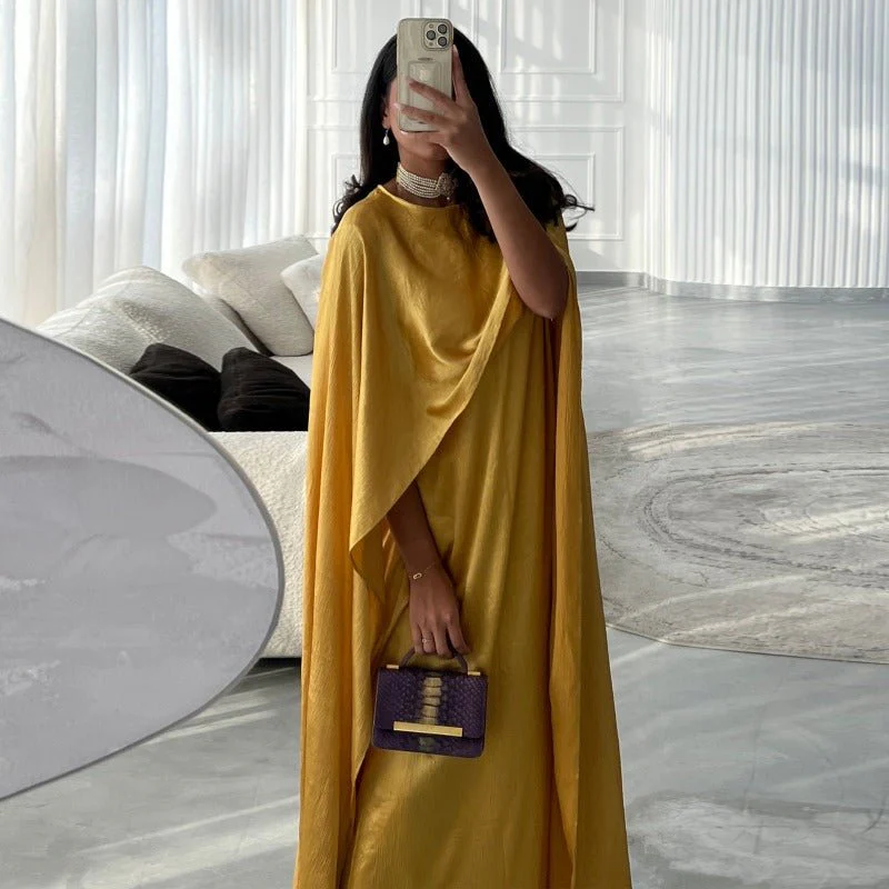 Elegant Royal Satin Abaya Dress | Modest Cape Sleeve Maxi Robe with Luxurious Draping(MA289) - Image 4