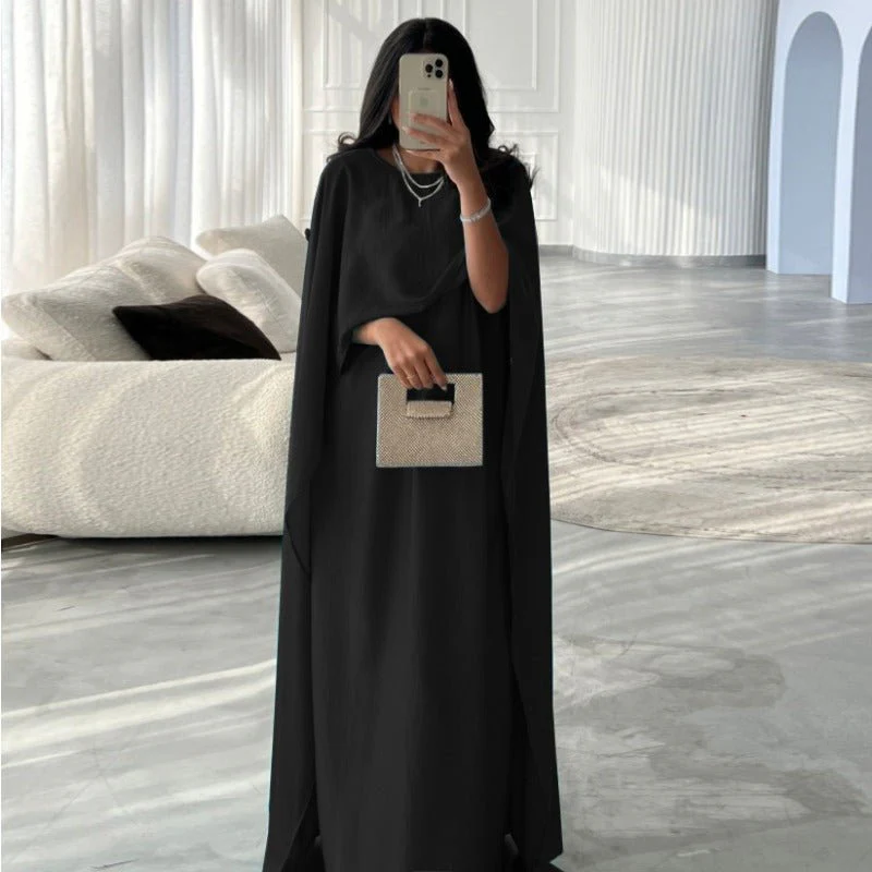 Elegant Royal Satin Abaya Dress | Modest Cape Sleeve Maxi Robe with Luxurious Draping(MA289) - Image 9
