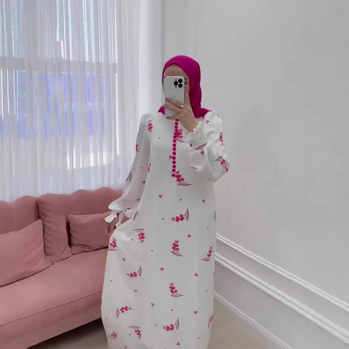 Elegant Ruffle Sleeve Romantic Pink Floral Maxi Dress Modest Gown Abaya (MA227) - Image 3