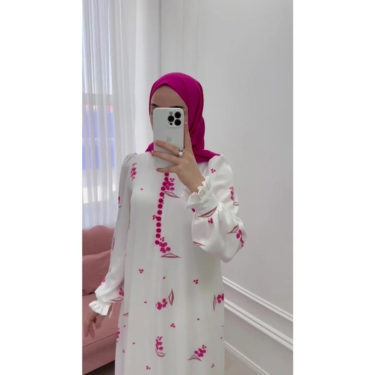 Elegant Ruffle Sleeve Romantic Pink Floral Maxi Dress Modest Gown Abaya (MA227) - Image 5