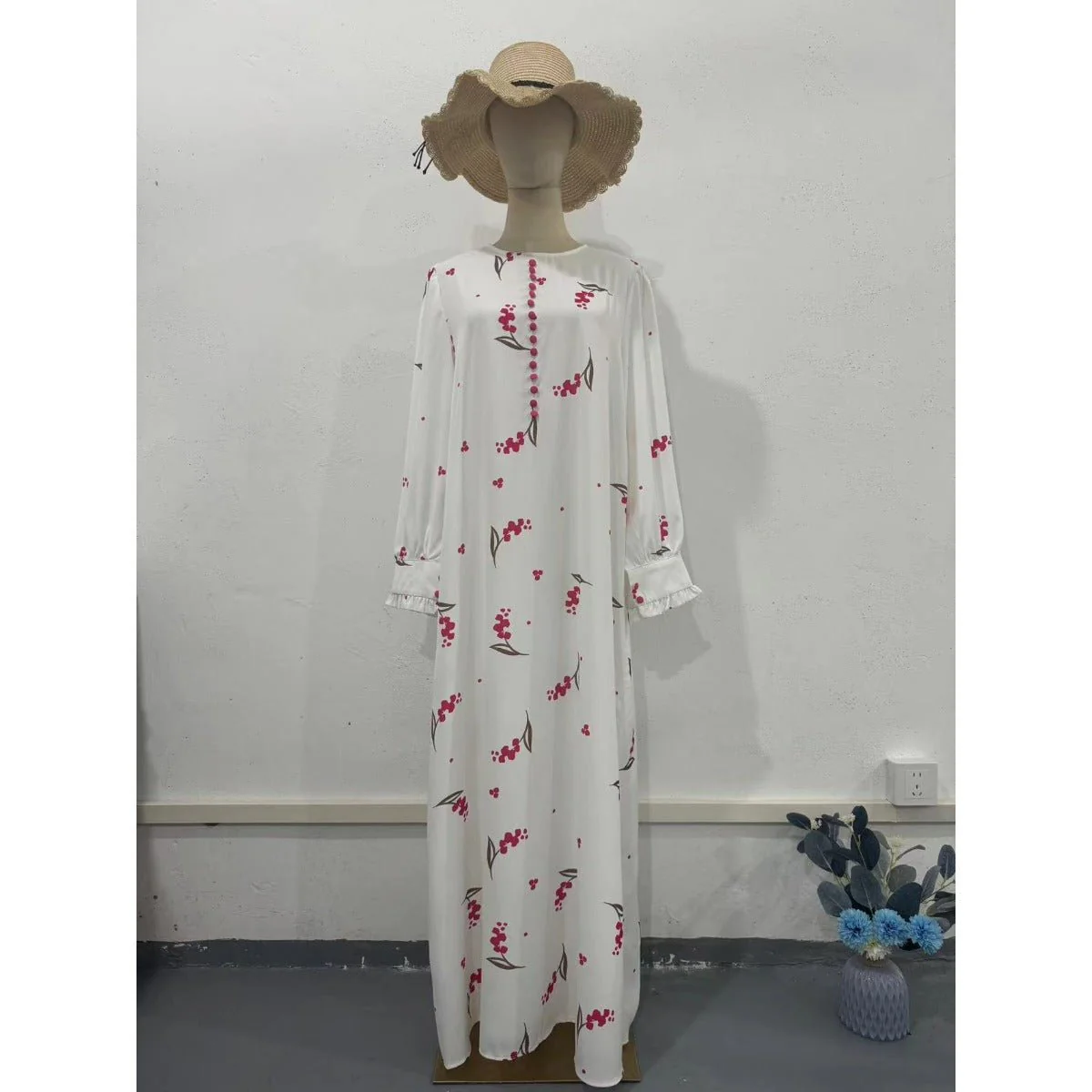 Elegant Ruffle Sleeve Romantic Pink Floral Maxi Dress Modest Gown Abaya (MA227) - Image 6