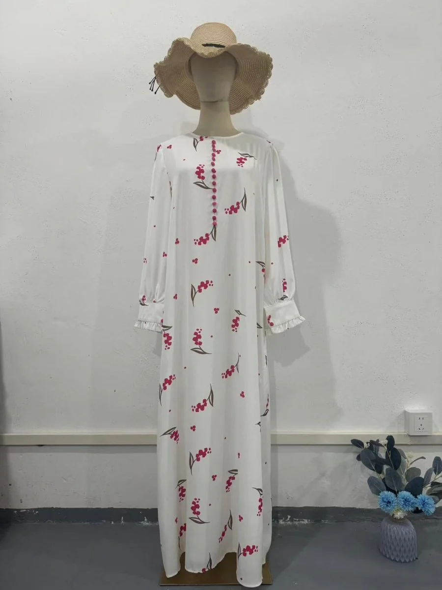 Elegant Ruffle Sleeve Romantic Pink Floral Maxi Dress Modest Gown Abaya (MA227) - Image 7