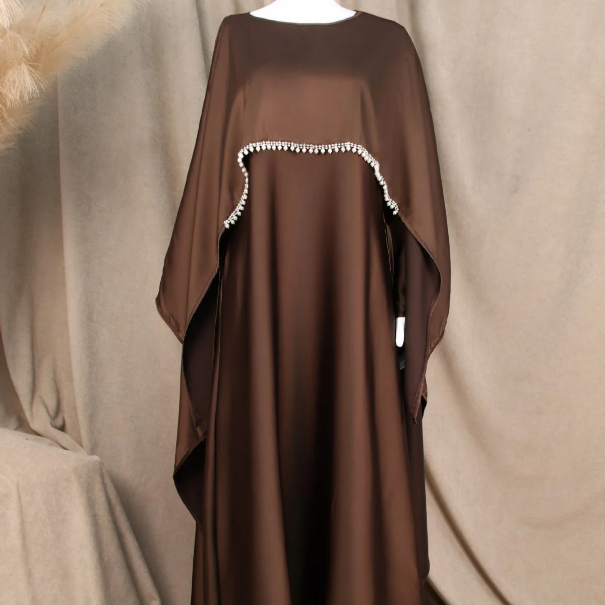 Elegant Satin Abaya with Rhinestone Cape | Luxurious Modest Evening Dress (MA327) - Image 11