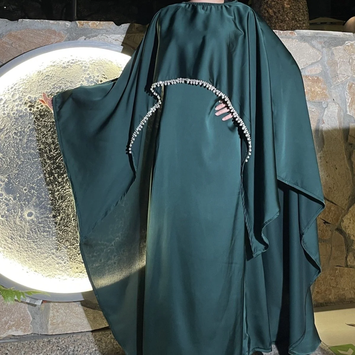Elegant Satin Abaya with Rhinestone Cape | Luxurious Modest Evening Dress (MA327) - Image 2
