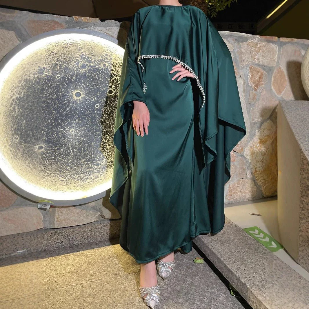 Elegant Satin Abaya with Rhinestone Cape | Luxurious Modest Evening Dress (MA327) - Image 3