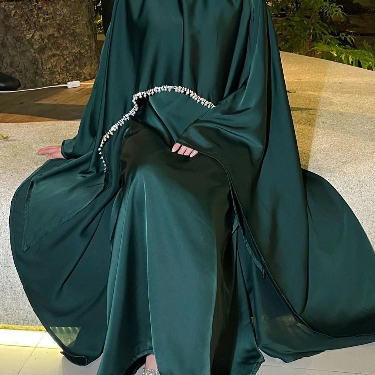 Elegant Satin Abaya with Rhinestone Cape | Luxurious Modest Evening Dress (MA327) - Image 4