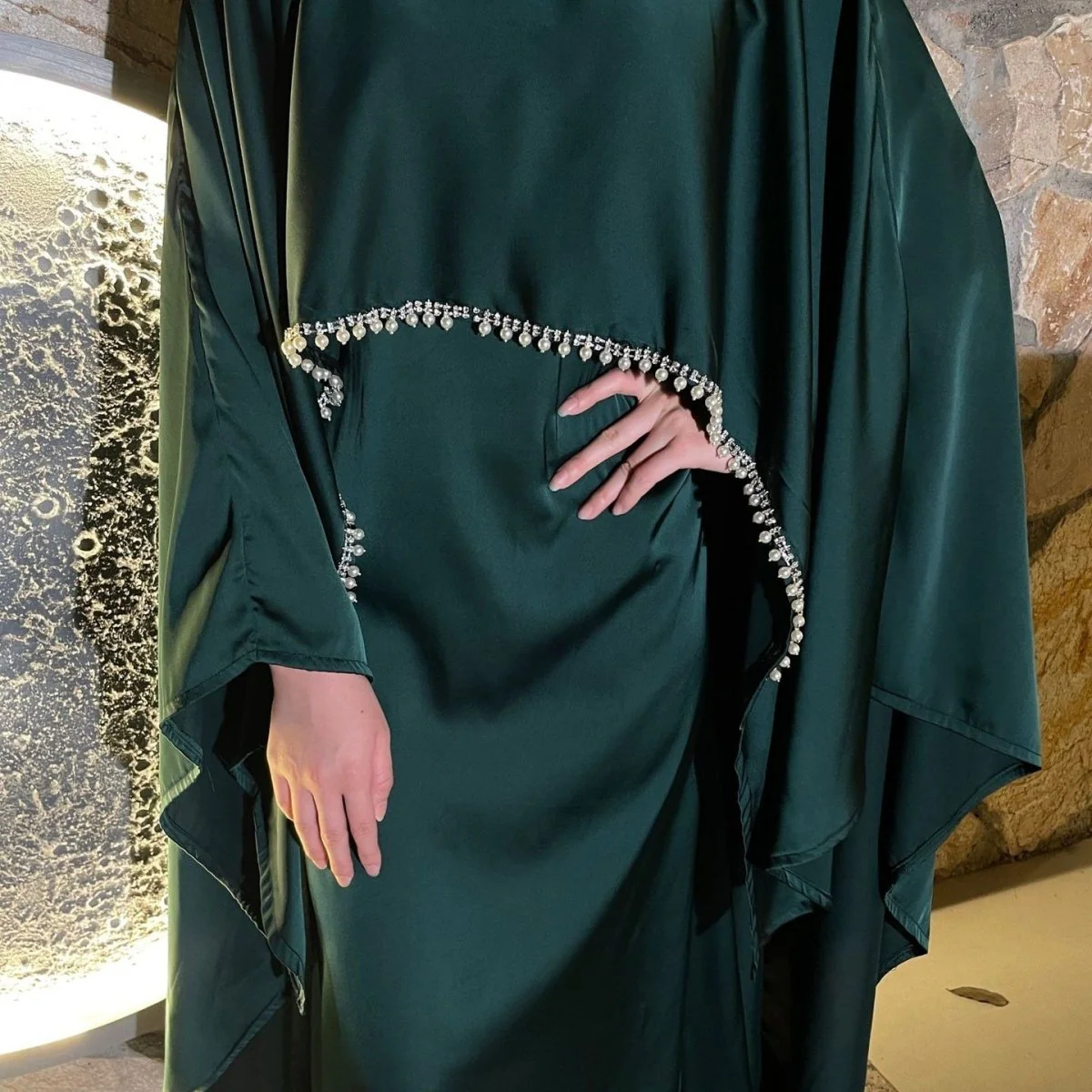 Elegant Satin Abaya with Rhinestone Cape | Luxurious Modest Evening Dress (MA327) - Image 5