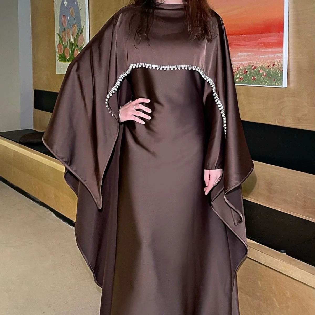 Elegant Satin Abaya with Rhinestone Cape | Luxurious Modest Evening Dress (MA327) - Image 6