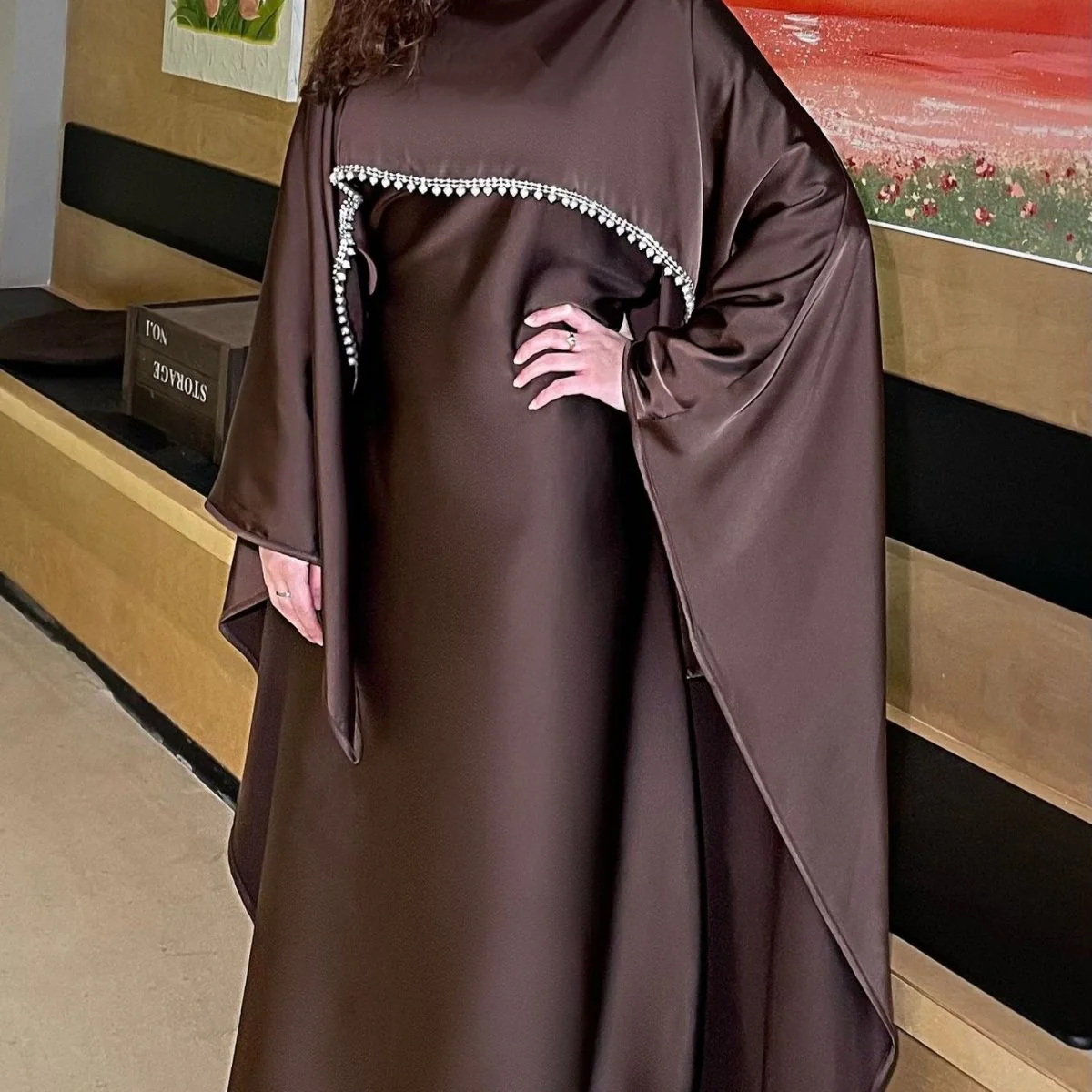 Elegant Satin Abaya with Rhinestone Cape | Luxurious Modest Evening Dress (MA327) - Image 7