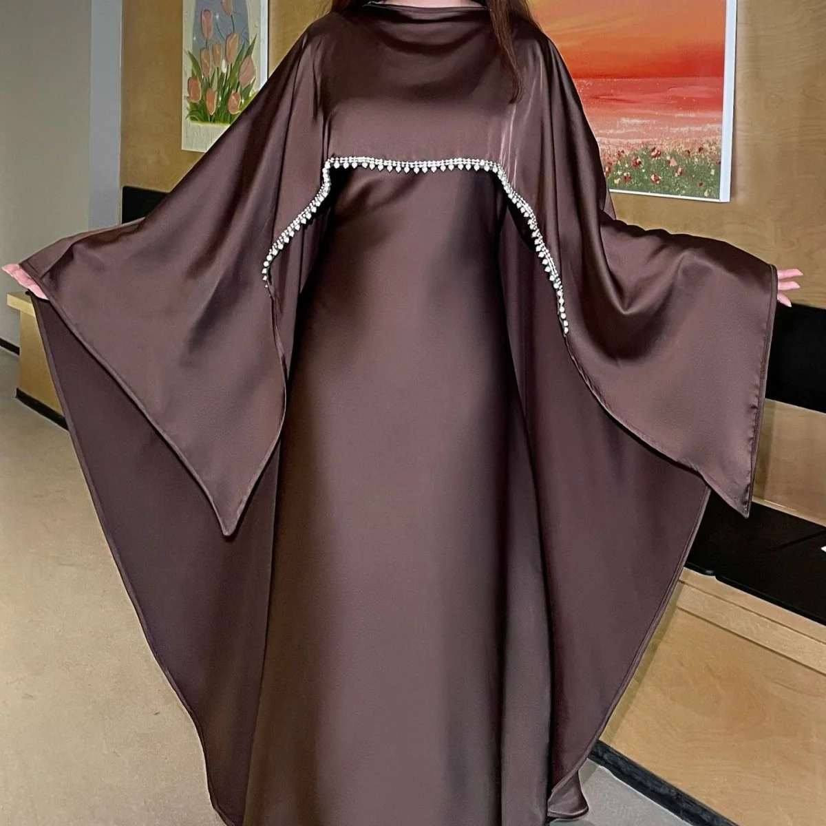 Elegant Satin Abaya with Rhinestone Cape | Luxurious Modest Evening Dress (MA327) - Image 8