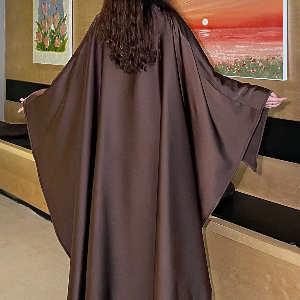 Elegant Satin Abaya with Rhinestone Cape | Luxurious Modest Evening Dress (MA327) - Image 9