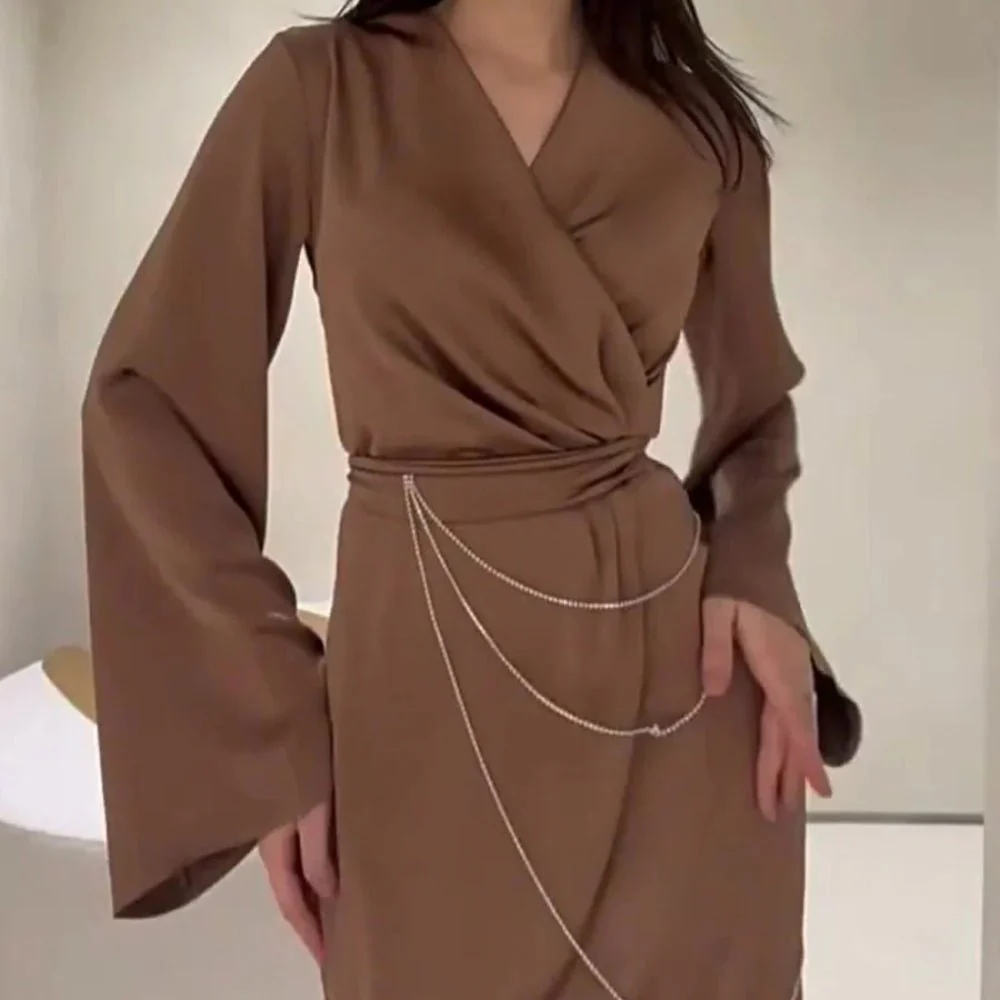 Elegant Satin Maxi Dress Abaya with Waist Chains V-Neck Long Sleeve Solid Color Dresses(MA204) - Image 10