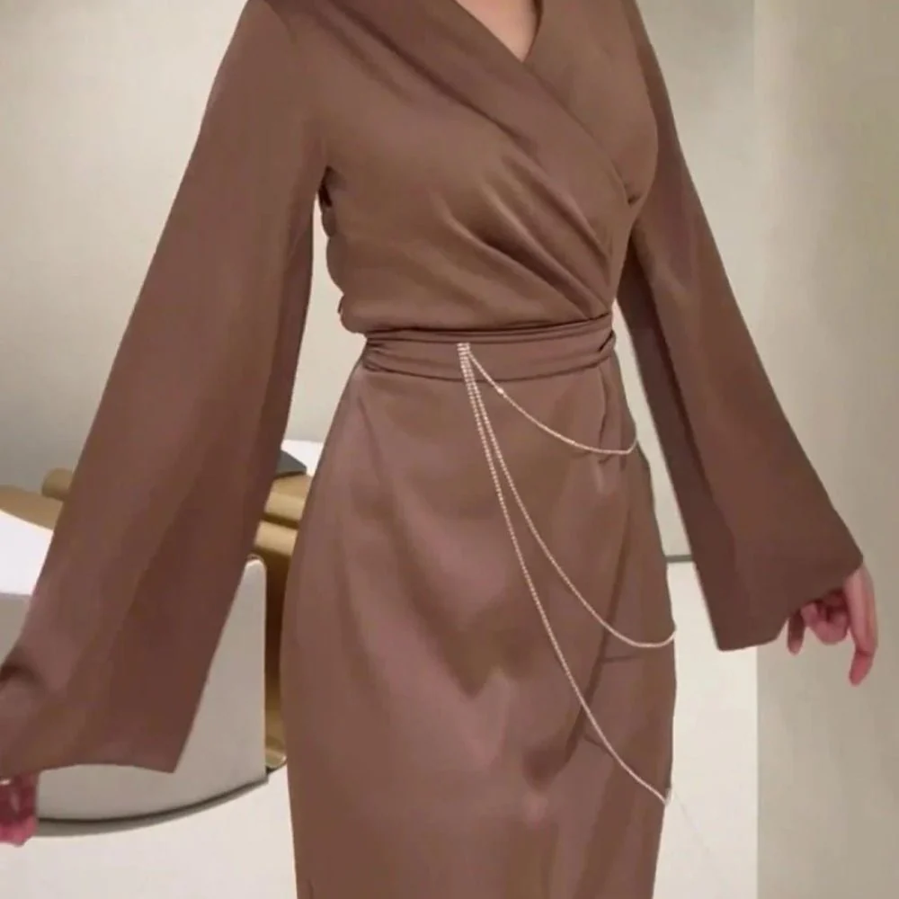Elegant Satin Maxi Dress Abaya with Waist Chains V-Neck Long Sleeve Solid Color Dresses(MA204) - Image 12
