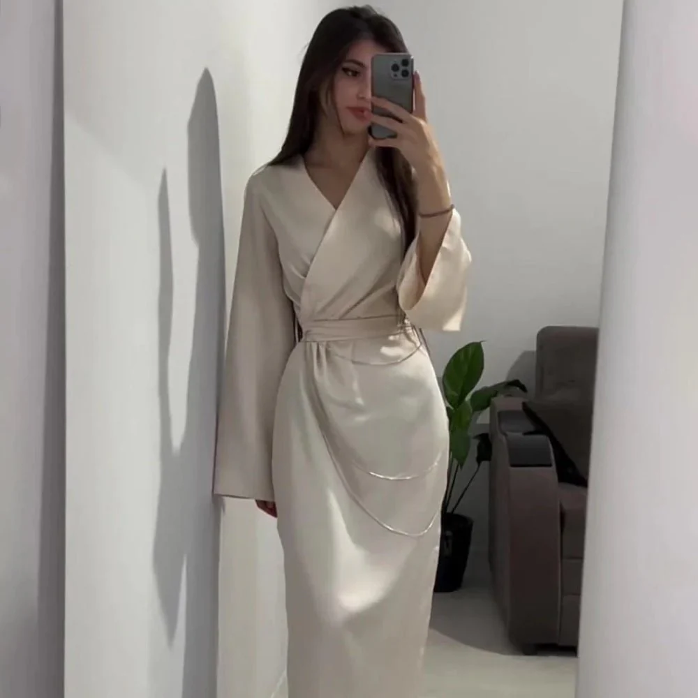 Elegant Satin Maxi Dress Abaya with Waist Chains V-Neck Long Sleeve Solid Color Dresses(MA204) - Image 14